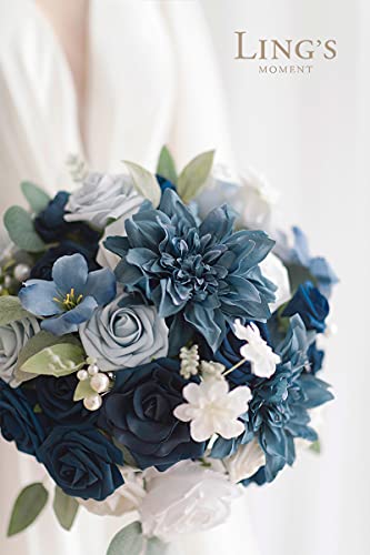 Ling's Moment 11 Inch Artificial Wedding Bouquets For Bride Bridal Bouquet Bridesmaid Bouquet Tossing Bouquet For Wedding Ceremony Anniversary Bridal Shower, Noble Navy Blue #TOP2