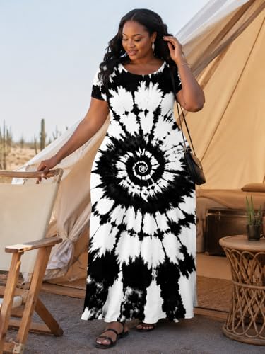 Image of SUZONANA Plus Size Maxi Dress for Curvy Women Summer Casual Sundress Short Sleeve Loose Vacation Dress