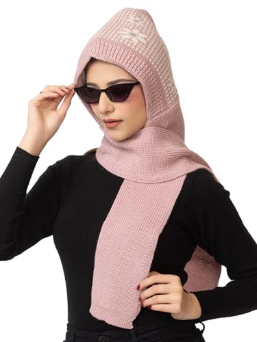 Image of AMOLDO Women's Winter Woolen Soft Warm Knitted Designer Muffler Beanie Cap with Fur | Fleece Printed Woolen Hat with Attached Scarf for Cold Weather