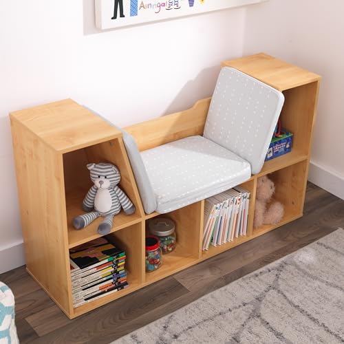 KidKraft Wooden Bookcase with Reading Nook, Storage and Gray Cushion - Natural - Thumbnail 4