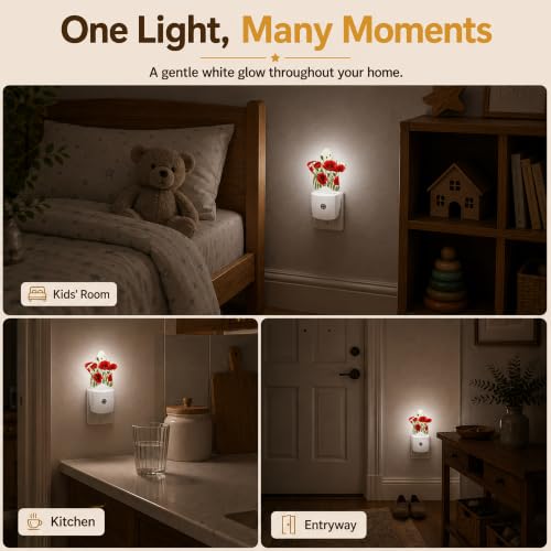 Image of Star Night Light with Dusk to Dawn Sensor, Red Flowers Plug in Night Light for Kids Bedroom Nursery, Soft Warm Glow Lamp for Hallway Bathroom Energy Saving