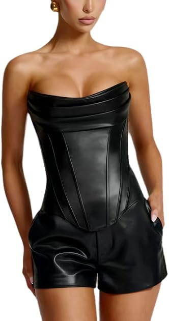 Sexy 2 Piece Set for Women Faux Leather Strapless Corset Tops with High Waist Mini Shorts Clubwear