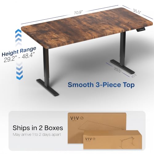 Image of VIVO Rustic Vintage Brown 71 x 36 in Standing Desk, DESK-KIT-1B7N-36 | Electric, Holds 220 lbs, Sit Stand, Height Adjustable, Extra Deep Table Top, Memory Presets, 1B Series, Black Frame