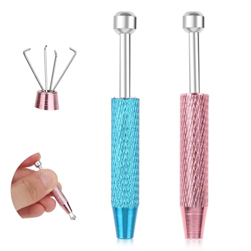2 PCS Piercing Ball Grabber Tool Diamond Claw Tweezers Piercing Assistant Pen Stainless Steel Jeweler Pick Up Tool 4 Claw Gem Picker Tool Chip Pick for Small Parts Pickup (Pink Blue)