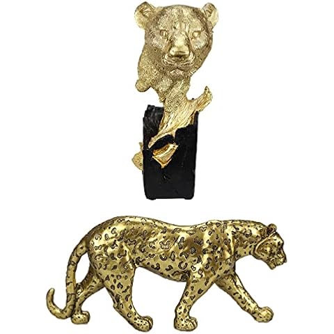 POLYDUKE Modern Gold Cheetah Figurine and Cheetah Head Statue Home Décor Realistic Antique Classical Leopard Statues Living Room Decor Cover