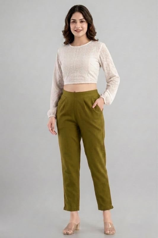 Image of Solid Cotton Woman Trousers Pants Regular Fit Kurti Pant with Drawstring Daily Office Formal Casual Use