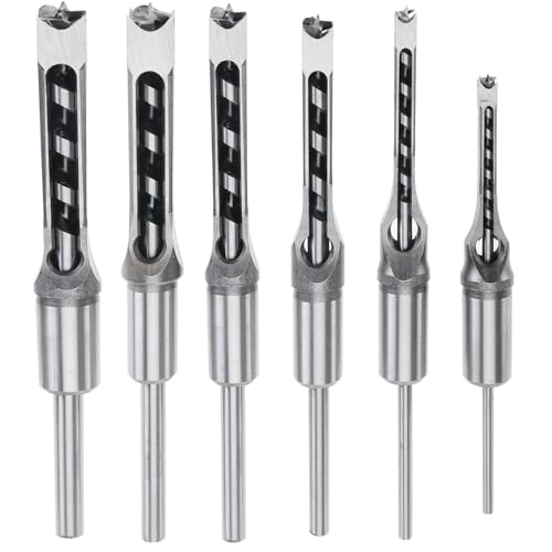 Image of 6 Pcs Square Hole Drill Bit Set for Wood - 5/8" 9/16" 1/2" 3/8" 5/16" 1/4" HSS Woodworking Hole Saw Mortising Chisel Square Hole Mortise Chisel Drill Bit Tools