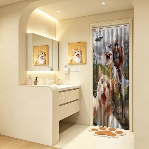 Image of Small Stall Shower Curtain Rv Cat Riding Dinosaur, 36 x 72 Inchs | for Camper Stand Up Shower, Funny Orange Cat Pattern Design, Narrow Bathroom Decor Sets Waterproof Cloth Fabric, with Hooks