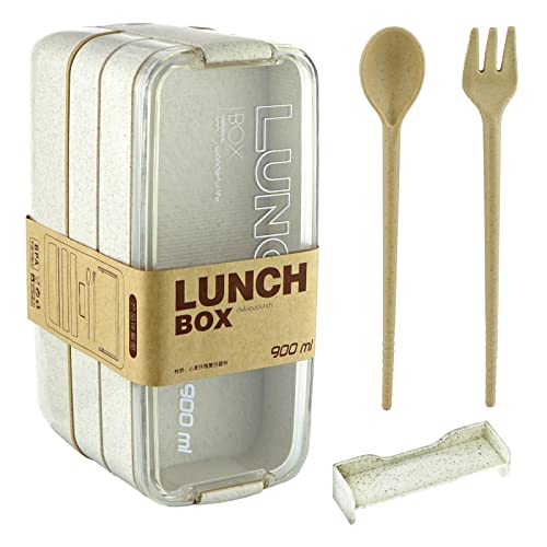 Laurel & Mason Triple Layer Lunch Box, 3 Compartment Packed Lunch Box, Microwave and Dishwasher Safe, Stackable, BPA Free, Cutlery Fork and Spoon Included (Cream)