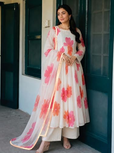 Image of ANNI Designer Kurta Sets for Women Chanderi Cotton Printed | Kurti Set for Woman | Anarkali Kurta Pant Dupatta Set | 3 Piece Set Women | Round Neck 3 /4 Sleeve Suit Set Stylish Ethnic Outfit Clothing
