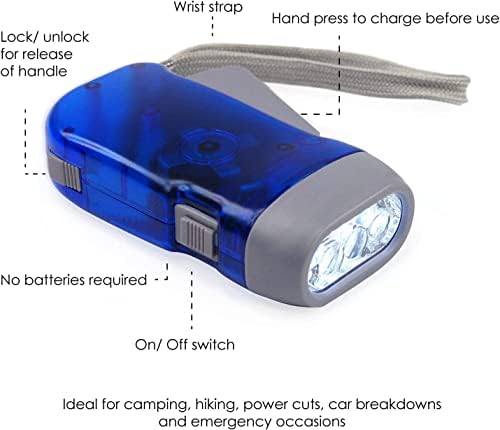 Hand Press Torch  Garden Tools -3 Led Dynamo Flashlight for Camping, Hiking, Autumn and Survival - No Batteries Required, Eco, Blue