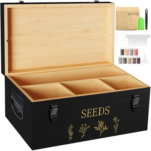 Yocookus Bamboo Seed Storage Organizer Large Garden Seed Organizer with Lid & Safety Lock & Handles Seed Box Includes Seed Envelopes and Labels etc Great Gifts Gardening Kit (Black)