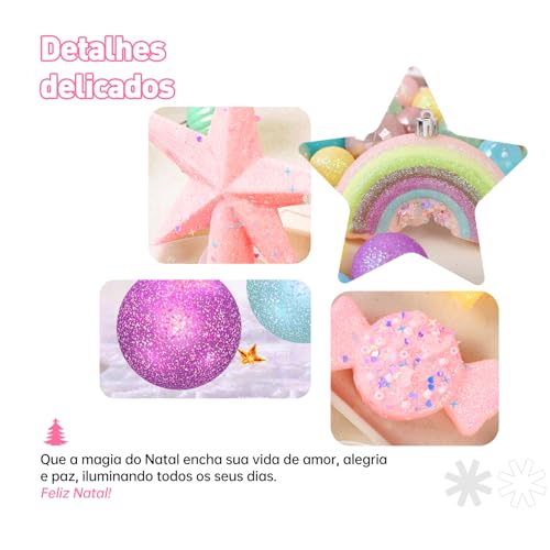 Kit 40 Bolas de enfeites de natal decoração 2024 árvore natalina arco-íris doces pinha bolinhas glit