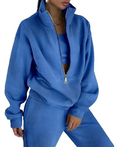 Eisctnd Womens Fleece 2 Piece Sweatsuit Lounge Set Long Sleeve Sweatshirt Jogger Pants Tracksuit Sweatsuit 2024 Fall Sets(Blue-L)