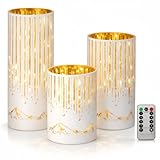 Ashroder Starry Night Elegant Hurricane Candleholders with LED Flickering Lights & Remote Timer, Decorative Glass Hurricanes for Indoor Table Centerpieces & Year-Round Home Decor, Set of 3 (White)