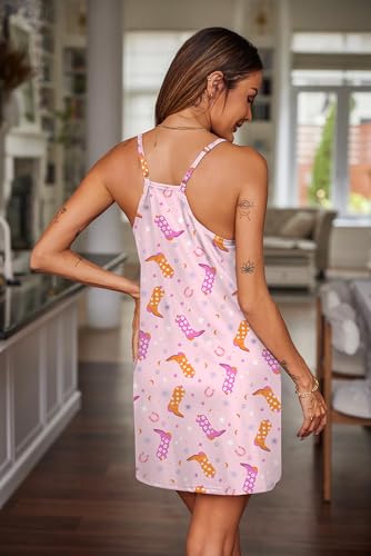 Image of Ekouaer Nightgowns for Women Sleeveless Sleepwear Adjustable Spaghetti Strap Sleepshirt Cotton Nightdress with Pockets Pink Star XL