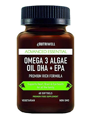 Vegan Omega 3, High Strength Algae Oil, DHA + EPA, 60 Softgel Capsules, Plant Based, Supports Heart, Brain, Joint & Eye Health, Halal & Kosher - Made in The UK by Nutri Well