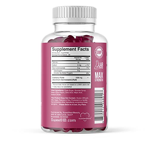 Sweetheartbeauty Cranberry Gummies For Women, 1,000Mg Of Premium Grade Cranberry Vitamins, Urinary Tract Health Gummies, Less Sugar & Tart Than Cranberry Juice, 1 Month Supply #TOP1