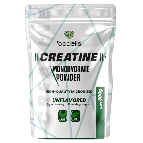 Foodelis Creatina Monohidratada 300 g en Polvo, 100 Dosis de 3 g, Sin Sabor | Micronizada 200 Mesh · Sin Aditivos · Con Dosificador