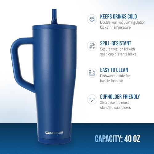 Image of Ice Shaker 40 oz Tumbler with Handle and Straw | 40oz Navy | Cold for 30+ Hours | 2-in-1 Tumbler Shaker Bottle | Odor-Free 40 ounce Bottle for Water, Protein Shakes, Smoothies, Cocktails