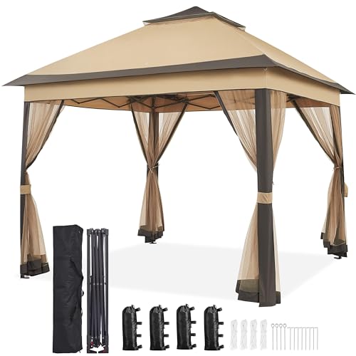 Yaheetech 11×11 Pop Up Gazebo Outdoor Canopy Shelter, Instant Patio Gazebo Sun Shade Canopy Tent with 4 Sandbags, Double Tiers & Mesh Netting for Lawn, Garden, Backyard & Deck, Khaki