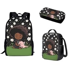 African Girl Axe Whale School Bag with Lunch Bag & Pencil Case for Girls/Boys Student Backpack Elementary Children Book Bag Middle Student Cartoon Schoolbag 3 Piece Set