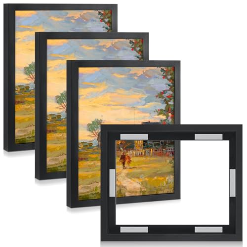 Qunclay 4 Pcs 11x14 Inch Canvas Floating Frame with Adhesive Strips Floater Frames for Canvas Painting Wood Vertical and Horizontal Wall Hanging Frame for Oil Painting Diamond Decor (Black)