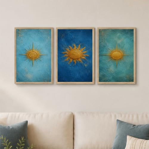 Image of Livin'luxe Set of 3 Golden Sun Abstract Wall Paintings for Living Room Bedroom Hallway Home Decor with Premium Wooden Color Synthetic Frame (13.5 x 19.5 Inch) NM03-71