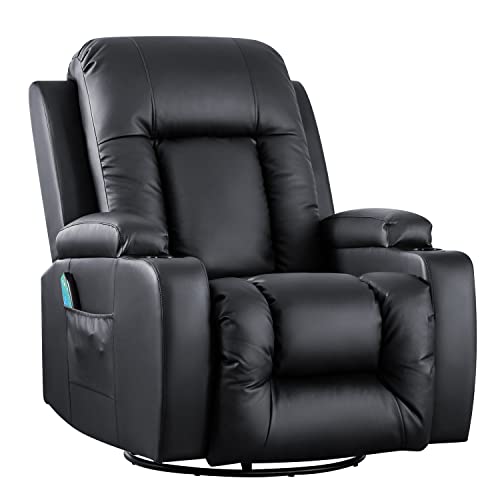JOMEED Oversized Massage Rocking Recliner Chair with Heated 360 Degree Swivel Leather Recliner Sofa with Cup Holders for Living Room