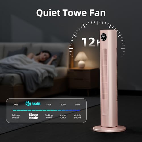 Image of Antarctic Star Tower Fan Portable Floor Fans 85Oscillating Fan Quiet Cooling 12H Timer Remote Control Standing Bladeless Electric 3 Wind Speeds 4 Modes Bedroom Office,36 inch, Pink