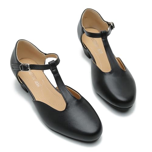 Image of MAIERNISI JESSI Women's T-Strap Mary Jane Pumps, Low Block Heel, Closed Toe, Buckle Ankle Strap