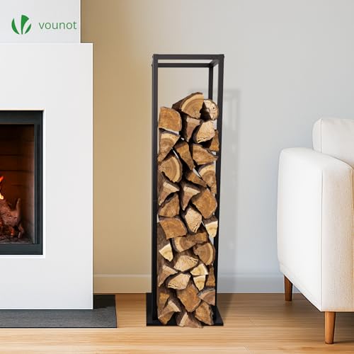 VOUNOT Kaminholzregal Metall 33 x 33 x 112 cm, Brennholzregal mit Ablage, Feuerholzregal für Innen und Außen, Stabil und Platzsparend, Schwarz