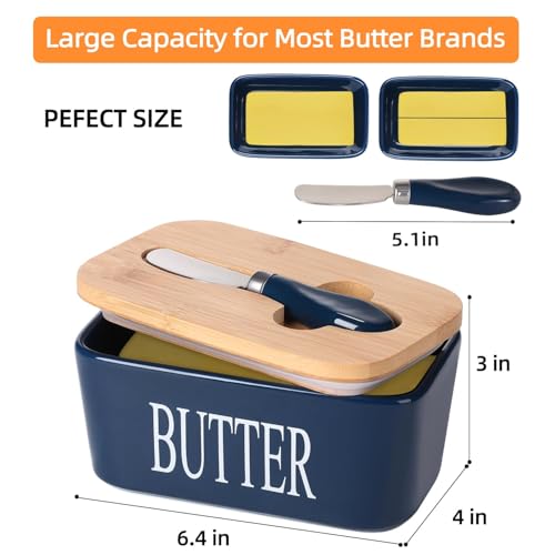 Image of Ceramic Butter Dish with Wooden Lid and Stainless Steel Knife, Large Butter Container Keeper with Bamboo Cover and Silicone Sealing Ring for West and East Coast Butter (Blue)
