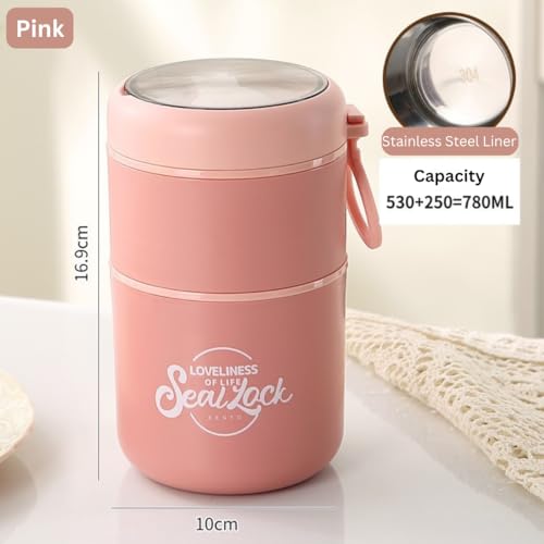 Image of 2 Compartment Stainless Steel Lunch Box with Spoon | 780ml Leak Proof Insulated Food Jar | 304 Steel Thermal Tiffin for Office, School, Travel (2 Copmaprtment Pink with Spoon)
