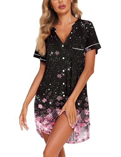 Image of Ekouaer Nightgowns for Women Button Down Night Gowns Short Sleeve Sleep Shirt V Neck Nightshirt Soft Sleepwear Pajams Dress