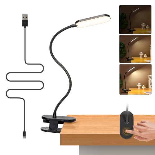 Aigostar Flexo LED Pinza Recargable, Lámpara Lectura Inalámbrica para Cama y Cabecero, Luz Libro Sin Cable, 1200mAh, 3 Modos 4000K, Brazo 360°, Táctil, para Niños, Costura, Leer en la Cama, Negro