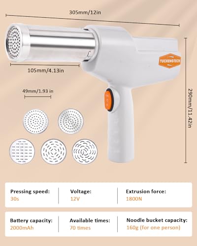 YUCHENGTECH Elektrische Nudelmaschine Handheld Nudelpistole Elektrisch 1800N Elektrisch Nudelpresse mit 10 Pressformen für den Haushalt