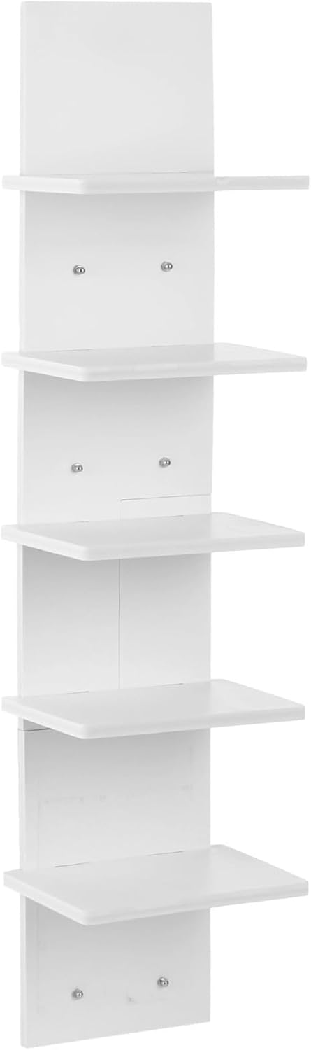 5 Tiers Floating Wall Shelf, Small Vertical White Floating Shelf for Narrow Spaces, Modern Wall-Mounted Decorative Shelves for Bedroom Living Room, Lightweight Wood-Plastic