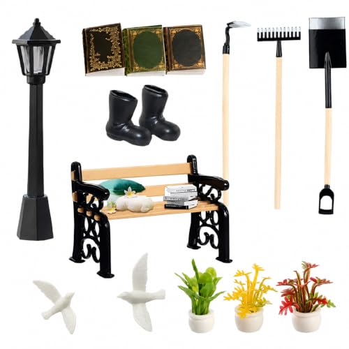 Lot de 14 accessoires de jardin pour maison de poupée miniature, décoration miniature, mini meubles de jardin avec petites pigeons blanches, banc de parking, lanterne, plantes miniatures, livres