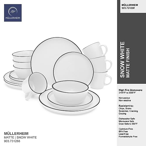 Müllerheim 903 Minimalist Collection 16-Piece Contemporary Ceramic Stoneware Dinnerware Sets For 4, Matte White, Plates And Bowls Sets, Dinner Plates Set, Salad Dish Set, Bowls, Cup #TOP1