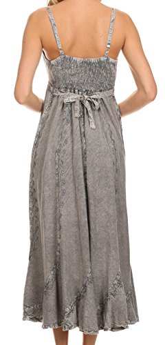 Image of Sakkas Allie Stonewashed Embroidered Adjustable Spaghetti Straps Long Dress