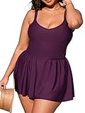 CUPSHE Plus Size Swimsuit for Women One Piece Bathing Suit Scoop Neck Ruffled Swim Dress Adjustable Straps, 0X BlackBerry Wine