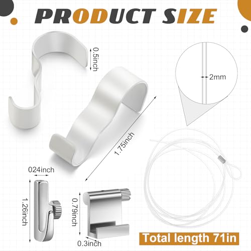 Image of Dunzy 30 Pcs Picture Rail Hanging System Kit Picture Rail Hooks Molding Hangers with Invisible Nylon Cord and Adjustable Hooks for Exhibition, Art Gallery Supplies, White (71 inch Clear Perlon Cord,White)