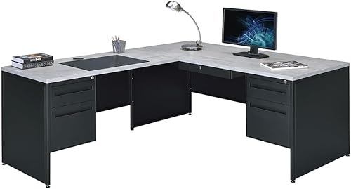 NBF - Escritorio de trabajo reversible en forma de L de carbono para oficina ejecutiva, escritorio laminado duradero con pedestal de 4 cajones,