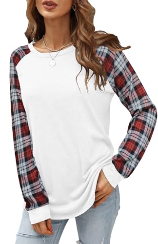 Aifer Womens White Shirt Casual Plaid Long Sleeve Tops Loose Fit Tunic Tops Cute Fall Outfit Clothing