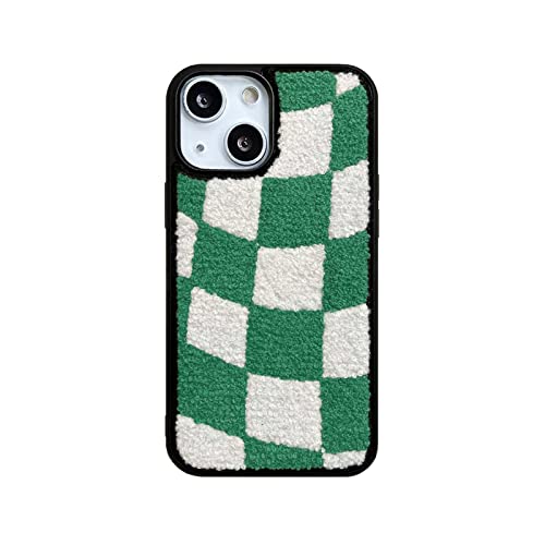 Coque iPhone 14 à carreaux verts en velours éponge doux