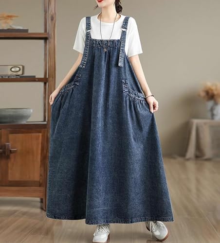 Image of Women's Casual Loose Denim Dress Sleeveless Adjustable Straps Denim Jumper Dress with Pockets