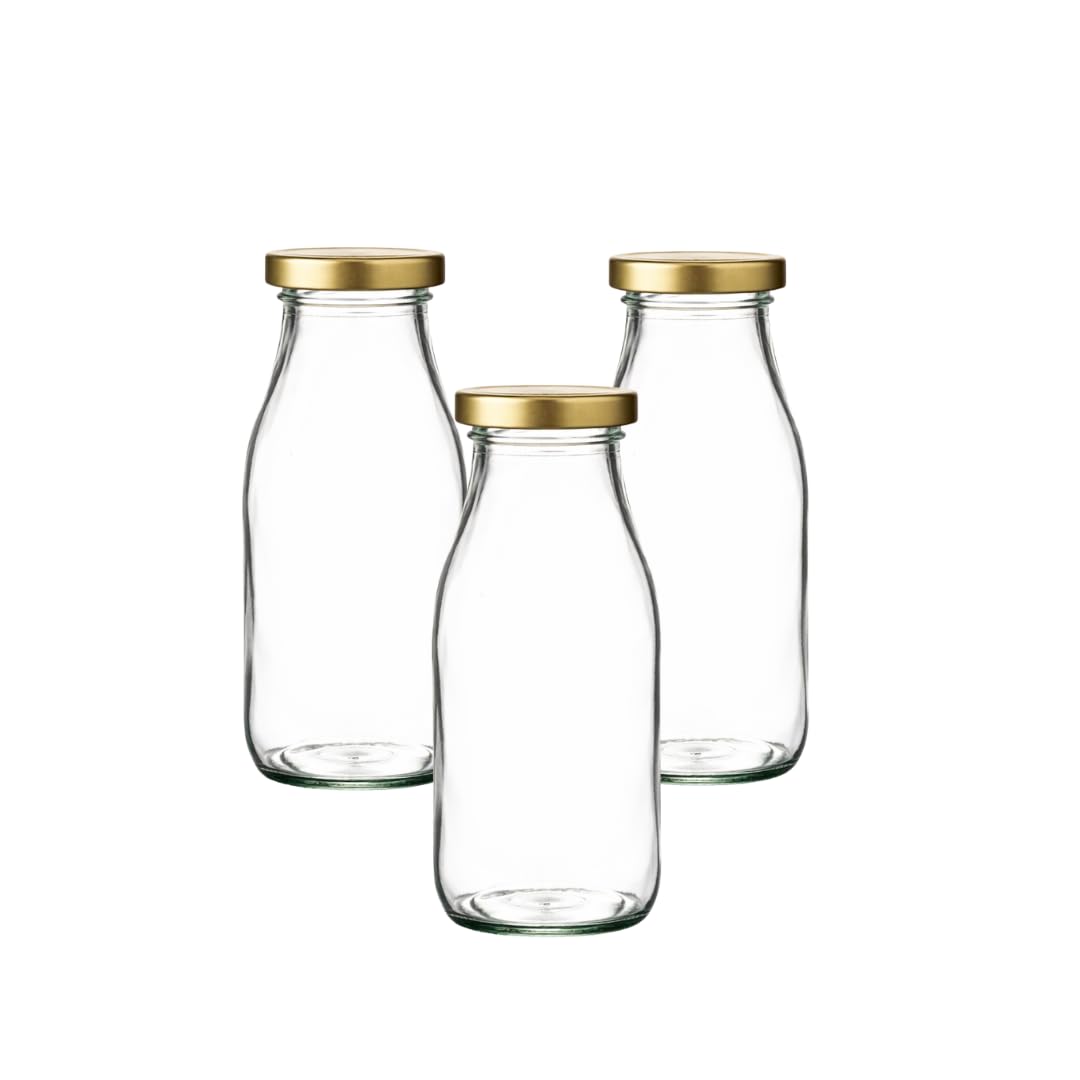 250ml Glass Juice & Milk Bottles with Gold Caps | Reusable Drink Bottles for Smoothies, Milkshakes & Cold Drinks | Pack of 36 | J&B