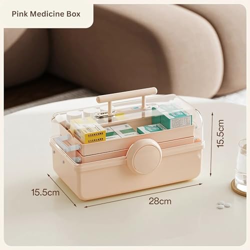 Image of HoopVool Clear Plastic Medicine Storage Box Organizer, Family Emergency Kit Portable Lockable Container for, Art Craft and Cosmetic Household Organizer (Pink, First Aid Box)