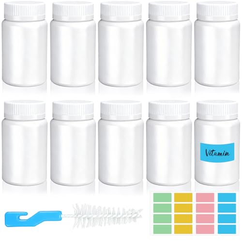 Mispudin 10 Stück Weiße Pillenflaschen, 100ml Leere Kunststoff Tablettenfläschchen mit Aufklebern, Reinigungsbürste, Weithalsflasche, Tablettenspenderflasche für Feste Medikamente